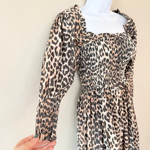 GANNI Leopard Print Maxi Dress Smocked Silk Blend EU 32 US 0 Mob Wife Luxury - Picture 6 of 16